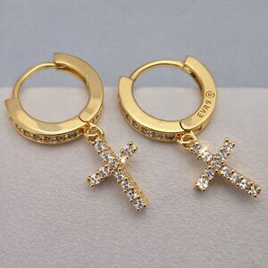 Gold-Tone Rhinestone Cross Huggie Earrings Small Delicate NWOT